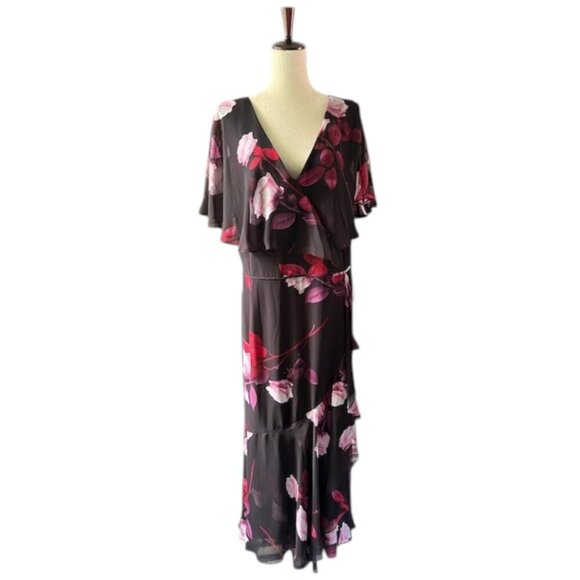 Adrianna Papell Women's Black Floral Capelet Flutter Sleeve Maxi Dress Plus 24W - Picture 1 of 16